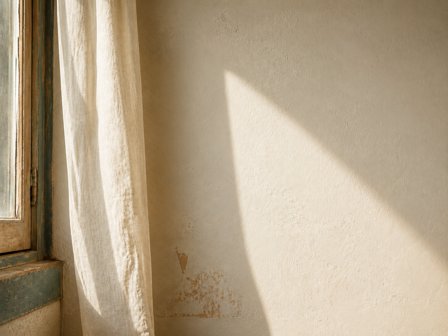 Warmes Fensterlicht in einem ruhigen Raum, Blattschatten auf einer Leinenwand