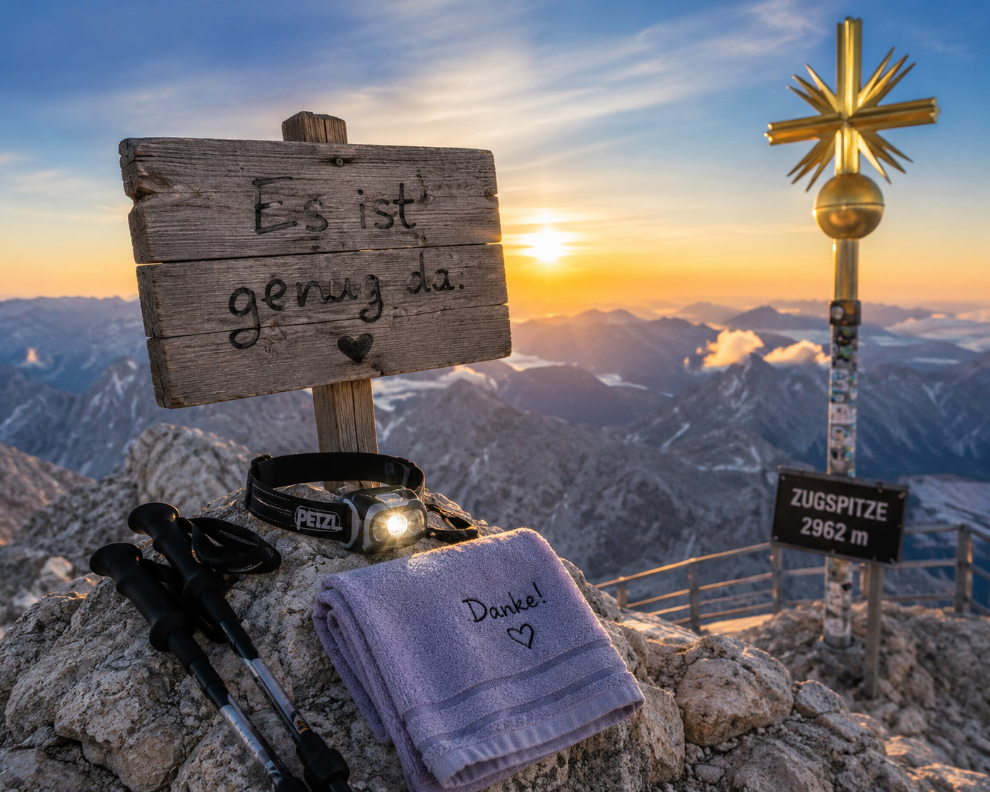 Gipfelkomposition mit Zugspitzkreuz, Stirnlampe, Wanderstöcken, Handtuch und dem Satz „Es ist genug da“.