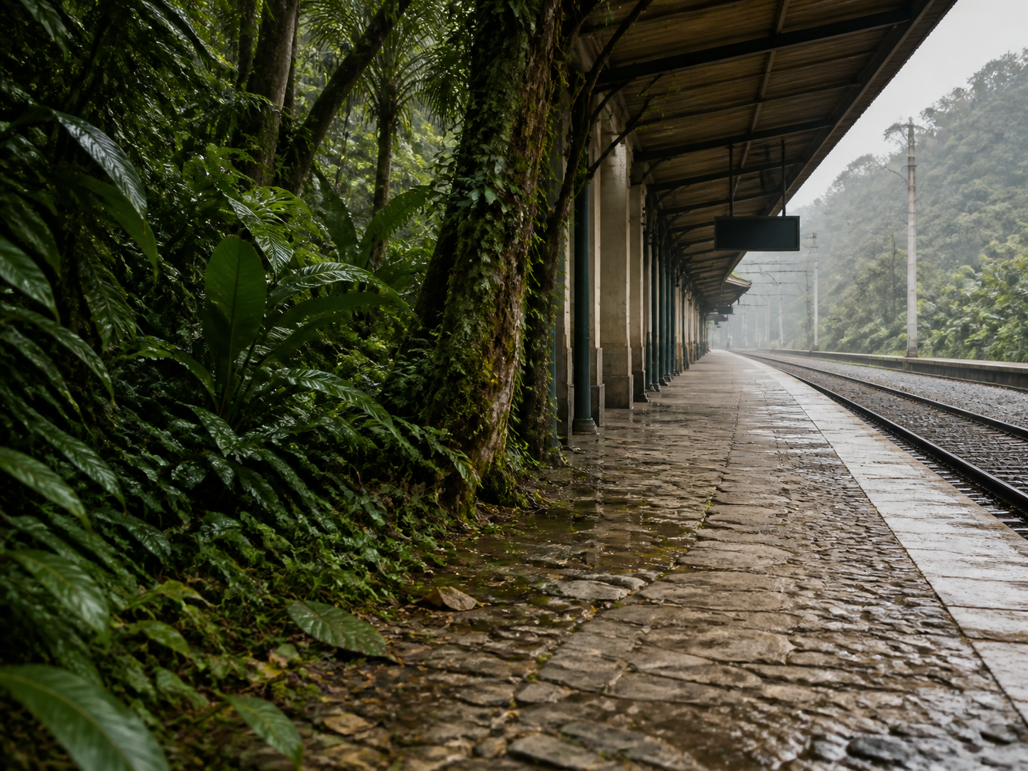 Ein leerer Bahnsteig geht nahtlos in dichten grünen Regenwald über.